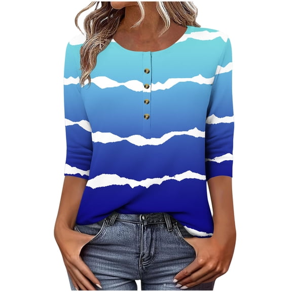 Craaazy Shirts For Women Casual Printed 3/4 Sleeve T-shirt Crew Neck T-shirt Button Down Shirts For Women Plaid Graphic Loose Top Gifts For Women