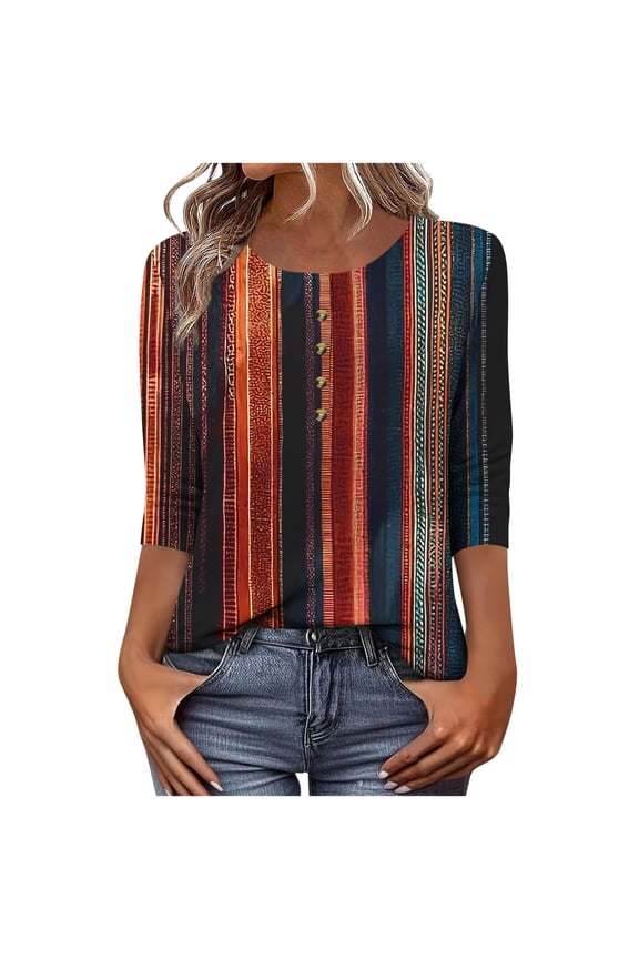 Shirts For Women Casual Printed 3/4 Sleeve T-shirt Crew Neck T-shirt Button Down Shirts For Women Plaid Graphic Loose Top Gifts For Women