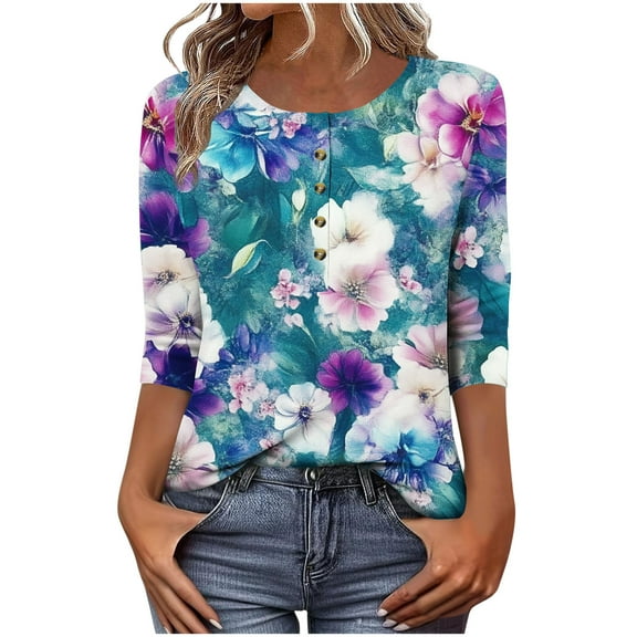 Craaazy Shirts For Women Casual Printed 3/4 Sleeve T-shirt Crew Neck T-shirt Button Down Shirts For Women Plaid Graphic Loose Top Gifts For Women