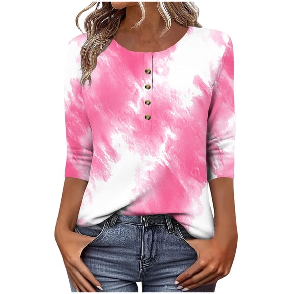 Craaazy Shirts For Women Casual Printed 3/4 Sleeve T-shirt Crew Neck T-shirt Button Down Shirts For Women Plaid Graphic Loose Top Gifts For Women