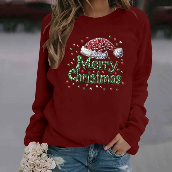 Craaazy Shirts For Women Christmas Fashion Casual Printed Round Neck Loose Long Sleeve Capless Sweatshirt Gifts For Women