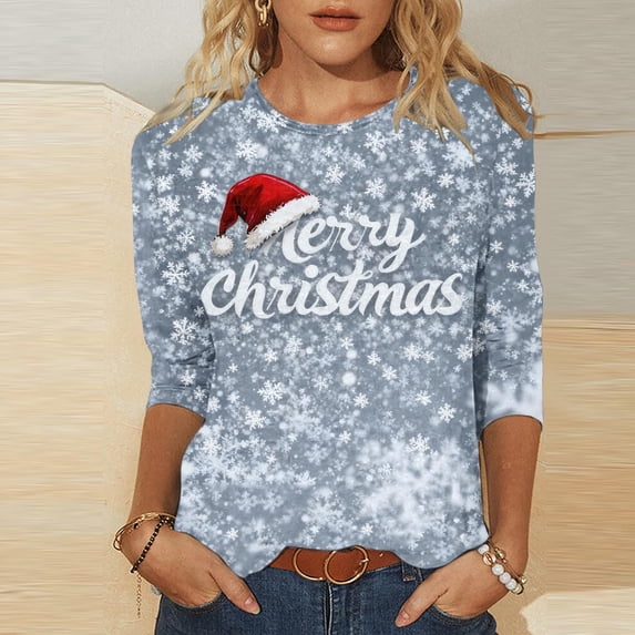 Craaazy Shirts For Women Christmas Printed Loose Crew Neck Snowflake Pattern Print Tops Casual 3/4 Sleeved Fashionable Sweatshirt Gifts For Women