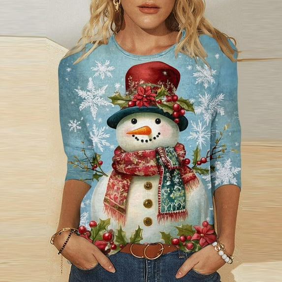 Craaazy Shirts For Women Christmas Printed Round Neck 3/4 Sleeve T-shirt Loose Top Long Sleeved Round Neck Top Gifts For Women