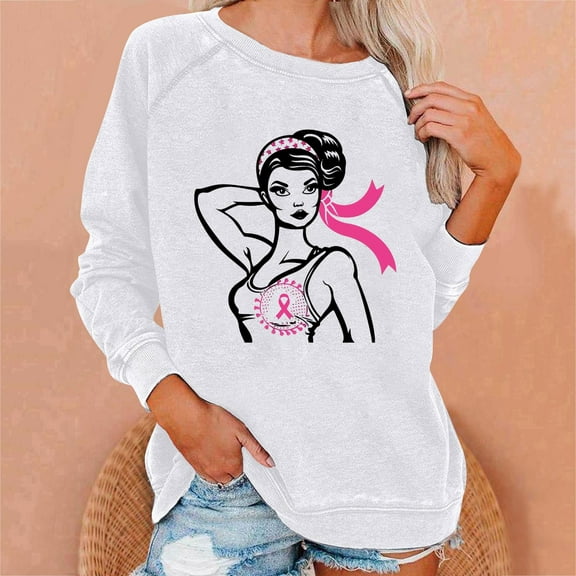 Craaazy Shirts For Women Comfortable Crew Neck Breast Cancer Awareness Print Sweatshirt Long Sleeve Loose Shirts Casual Waffle T-shirt Blouse Gifts