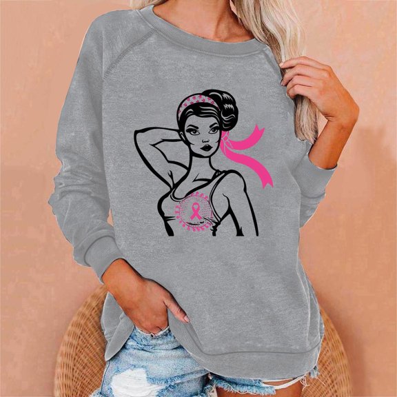 Craaazy Shirts For Women Comfortable Crew Neck Breast Cancer Awareness Print Sweatshirt Long Sleeve Loose Shirts Casual Waffle T-shirt Blouse Gifts