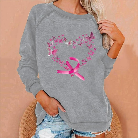 Craaazy Shirts For Women Comfortable Crew Neck Breast Cancer Awareness Print Sweatshirt Long Sleeve Loose Shirts Casual Waffle T-shirt Blouse Gifts