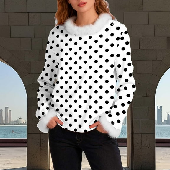 Craaazy Shirts For Women Fleece Collar Cute Polka Dot Print Long Sleeve Pullover Loose Fit Winter Tops Gifts For Women