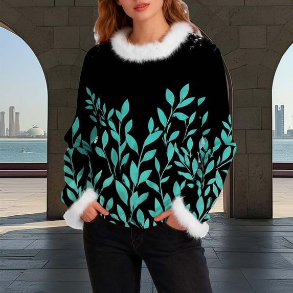 Craaazy Shirts For Women Furry Crew Neck Long Sleeve Casual Blouse Fashionable Printed Warm Tops Gifts