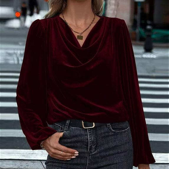 Craaazy Shirts For Women Solid Color Pleated Stretch Cuffs Blouses Long Sleeved V-Neck Pullover Fashionable Tops Gifts For Women