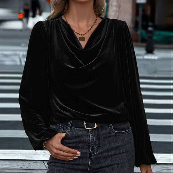 Craaazy Shirts For Women Solid Color Pleated Stretch Cuffs Blouses Long Sleeved V-Neck Pullover Fashionable Tops Gifts For Women