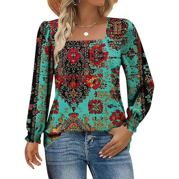 Craaazy Shirts For Women Square Collar Pullover Winter Daily Printed Loose Long Sleeve Puff Sleeve Tops Casual Blouse Womens Tops