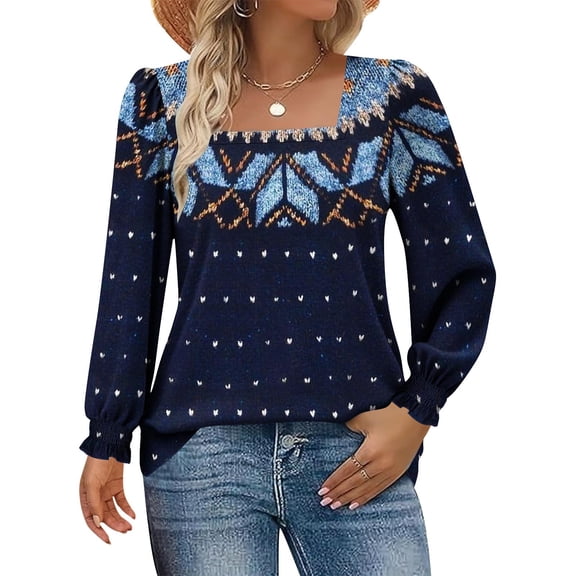 Craaazy Shirts For Women Square Collar Pullover Winter Daily Printed Loose Long Sleeve Puff Sleeve Tops Casual Blouse Womens Tops