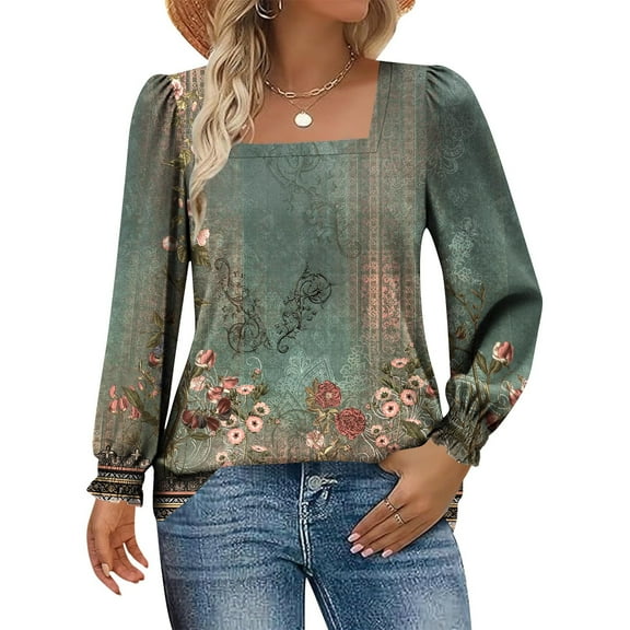 Craaazy Shirts For Women Square Collar Pullover Winter Daily Printed Loose Long Sleeve Puff Sleeve Tops Casual Blouse Womens Tops