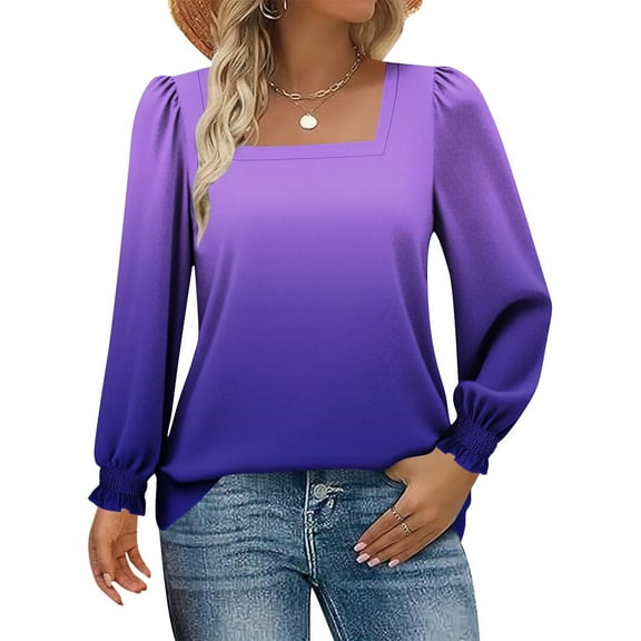 Craaazy Shirts For Women Square Collar Pullover Winter Daily Printed Loose Long Sleeve Puff Sleeve Tops Casual Stretchy Blouse Womens Tops