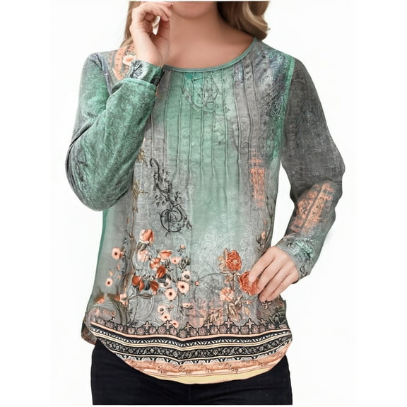 Craaazy Shirts For Women's Puff Long Sleeve Shirts Pleated Crew Neck Fall Tunic Tops Dressy Casual Loose Blouses Gifts For Women