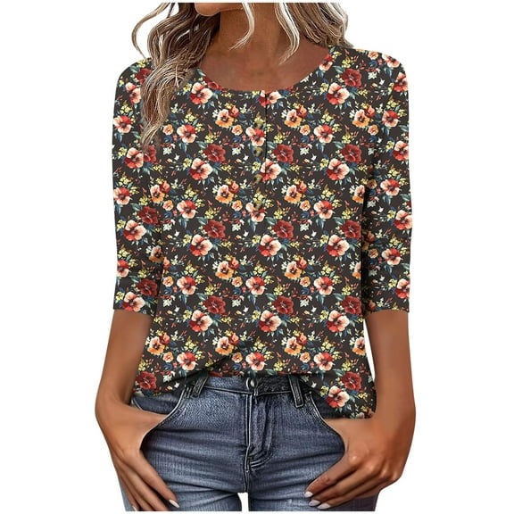 Craaazy Shirts For Women Printed Button 3/4 Sleeve T-shirt Crew Neck T-shirt Button Down Shirts For Women Plaid Graphic Casual Loose Tops Casual Printed Gifts For Women
