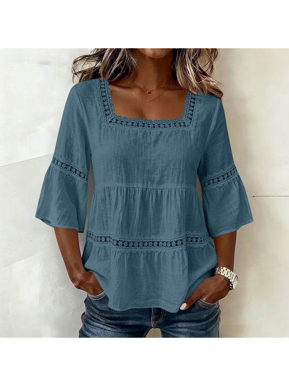 Shirts for Women 3/4 Sleeve Relaxed Fit Solid Color Square Neck Cotton Linen Tees for Casual Outings, Summer Vacation