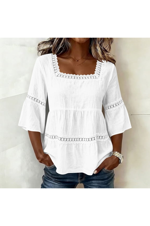 Shirts for Women 3/4 Sleeve Relaxed Fit Solid Color Square Neck Cotton Linen Tees for Casual Outings, Summer Vacation