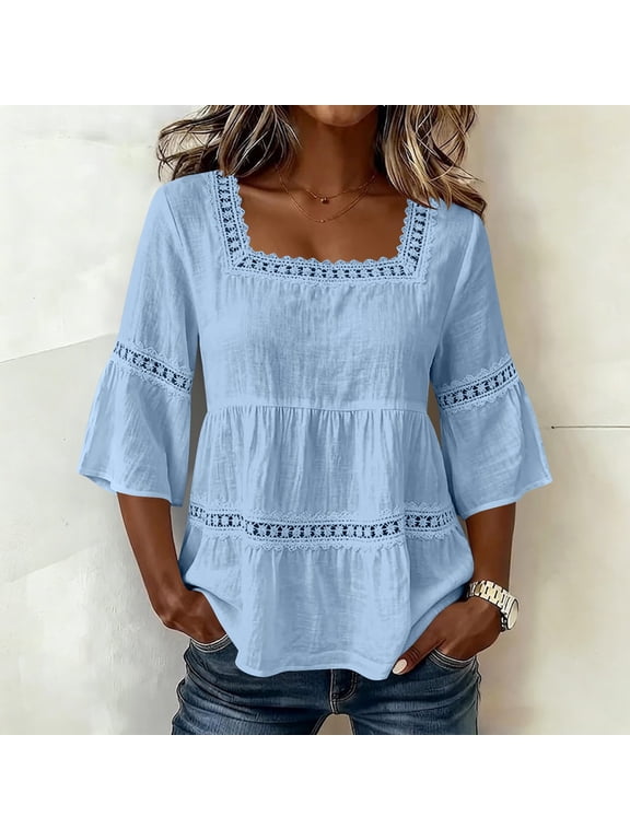 Shirts for Women 3/4 Sleeve Relaxed Fit Solid Color Square Neck Cotton Linen Tees for Casual Outings, Summer Vacation