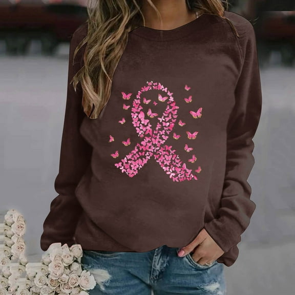 Craaazy Shirts for Women Breast Cancer Awareness Tops for Women Long Sleeve Crewneck Pink Ribbon Print Shirts Gifts For Women