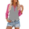 thumbnail image 1 of Craaazy Shirts for Women Button V-neck 3/4 Sleeve Color Block T-Shirts Casual Blouses Gifts, 1 of 9