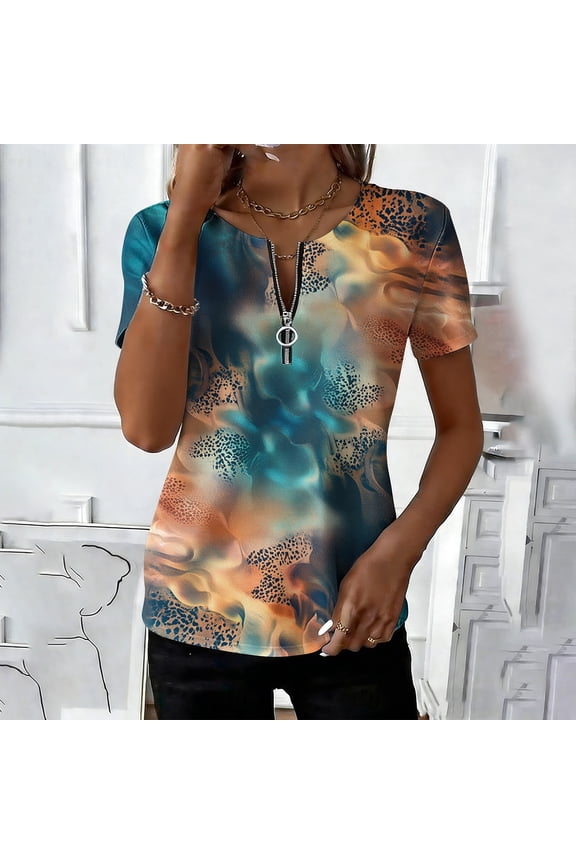 Shirts for Women Casual Graphic Print Crew Neck Half Zip Short Sleeve Multicolor Tops for Vacation, Shopping and Daily Outings
