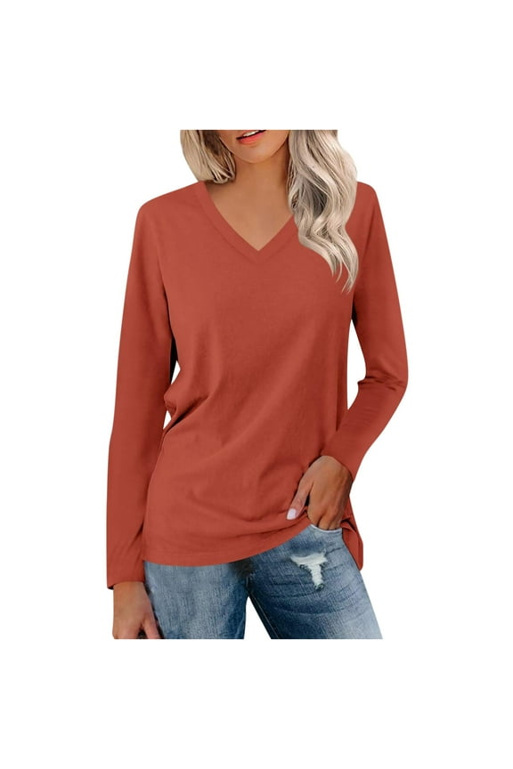 Shirts for Women Fashion Solid Color V-Neck Long Sleeve Blouses Tunic Shirts Gifts for Women