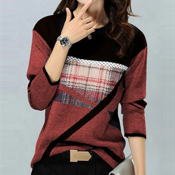 Craaazy Shirts for Women Geometry Printed T-shirt Casual Color Block Blouses Crew Neck Long Sleeve Tops Gifts for Women