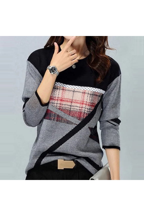 Shirts for Women Geometry Printed T-shirt Casual Color Block Blouses Crew Neck Long Sleeve Tops Gifts for Women
