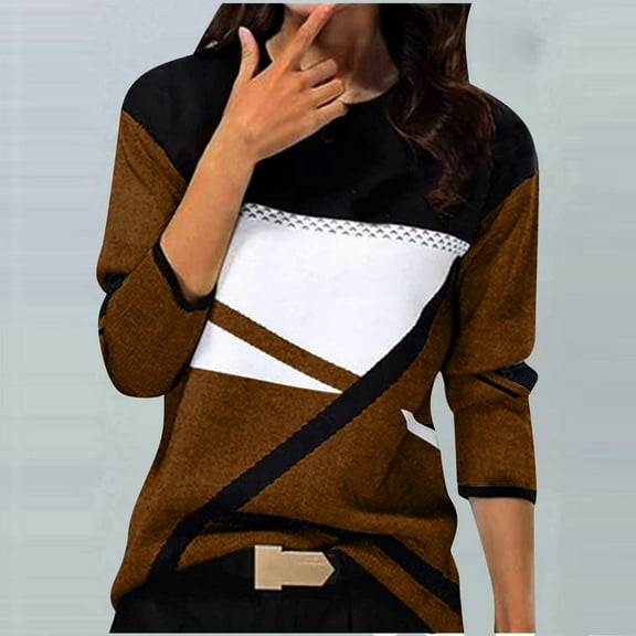Craaazy Shirts for Women Geometry Printed T-shirt Casual Color Block Blouses Crew Neck Long Sleeve Tops Gifts for Women