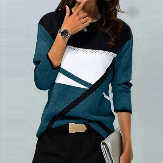 Craaazy Shirts for Women Geometry Printed T-shirt Casual Color Block Blouses Crew Neck Long Sleeve Tops Gifts for Women