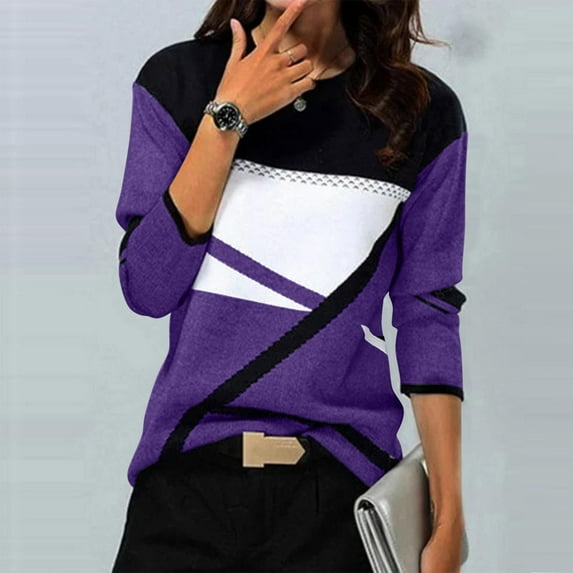 Craaazy Shirts for Women Geometry Printed T-shirt Casual Color Block Blouses Crew Neck Long Sleeve Tops Gifts for Women