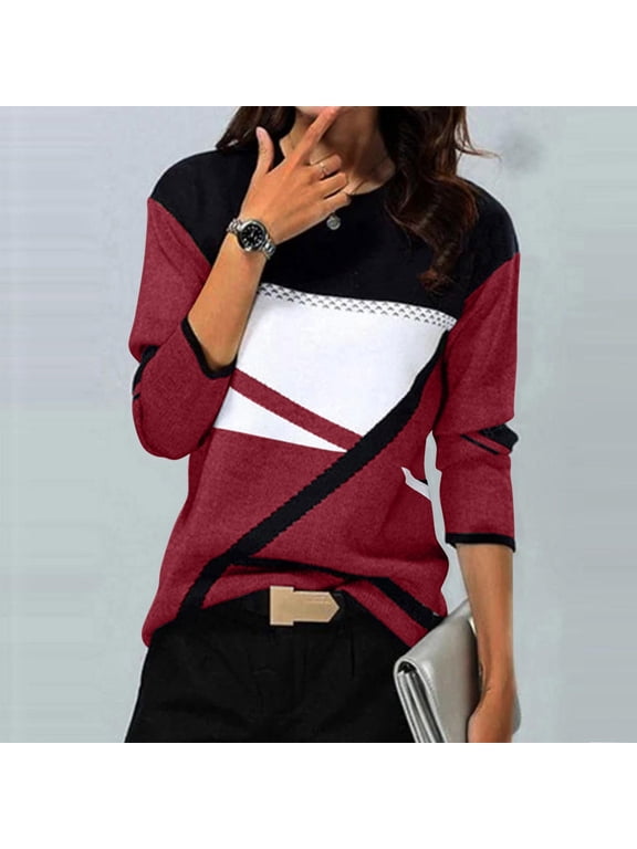 Shirts for Women Geometry Printed T-shirt Casual Color Block Blouses Crew Neck Long Sleeve Tops Gifts for Women