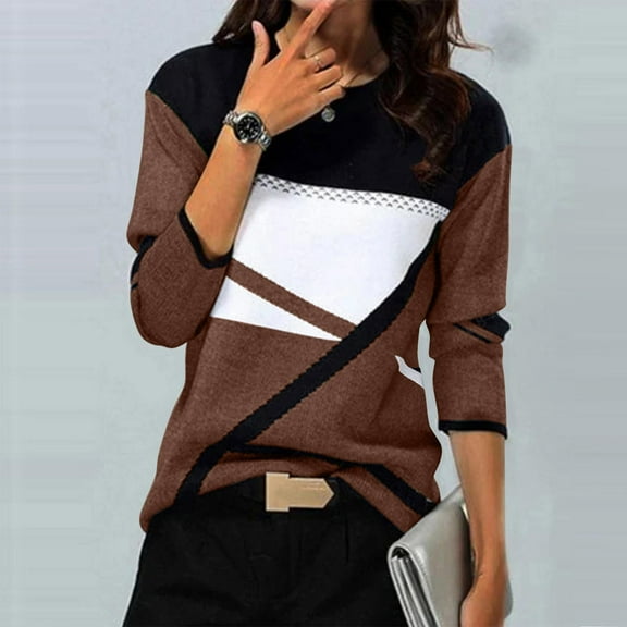 Craaazy Shirts for Women Geometry Printed T-shirt Casual Color Block Blouses Crew Neck Long Sleeve Tops Gifts for Women