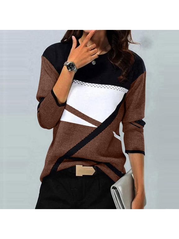 Shirts for Women Geometry Printed T-shirt Casual Color Block Blouses Crew Neck Long Sleeve Tops Gifts for Women