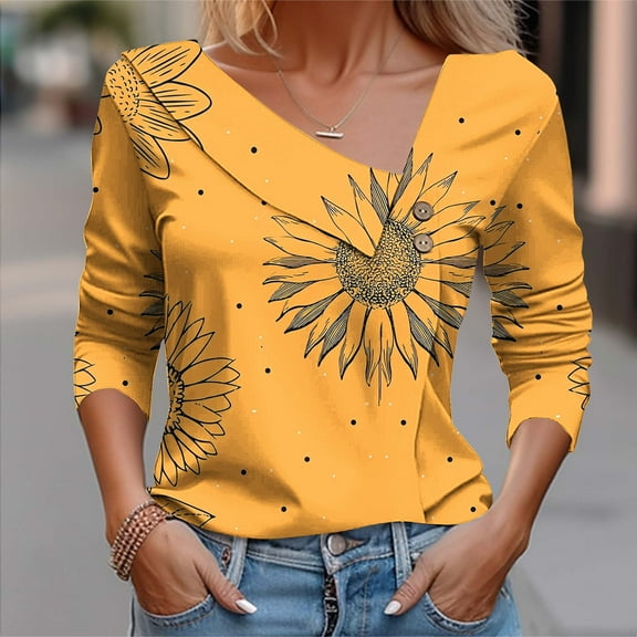 Craaazy Shirts for Women V Neck 3/4 Sleeve Button Blouses Fashion Print Lapel Womens Shirts Gifts for Women