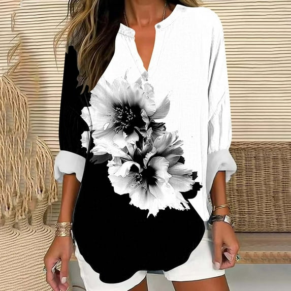 Craaazy Shirts for Women V Neck Long Sleeve Fashion Floral Printed Business Loose Blouses Gifts