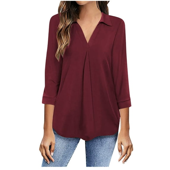 Craaazy Shirts for Women V Neck Long Sleeve Solid Color Pullover Lapel Business Casual Tops Gifts for Women