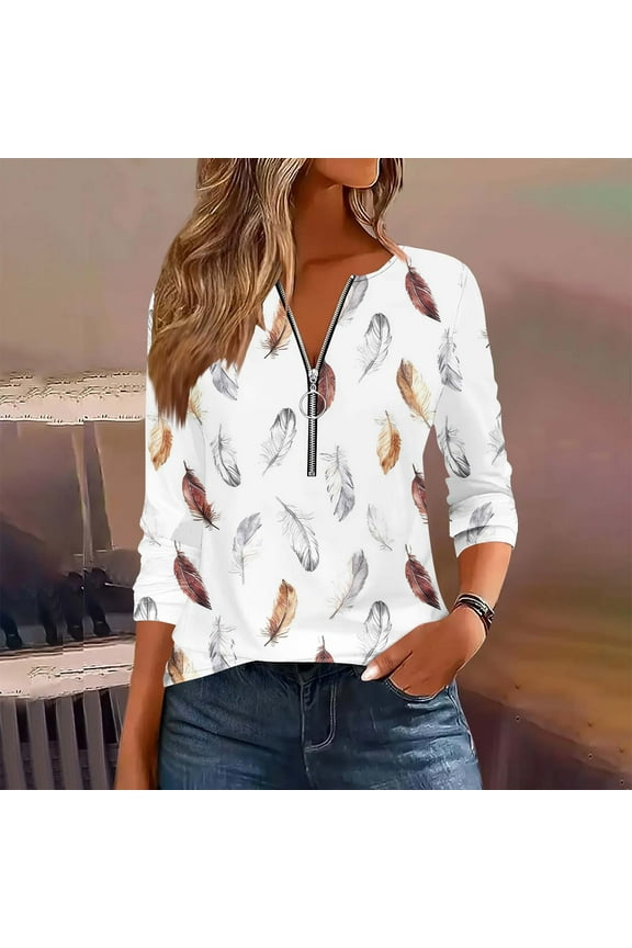 Shirts for Women V-neck Zipper Tunics Tops Bohemian Style Floral Printed Long Sleeve Blouse Gifts
