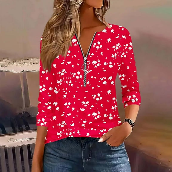 Craaazy Shirts for Women V-neck Zipper Tunics Tops Bohemian Style Floral Printed Long Sleeve Blouse Gifts