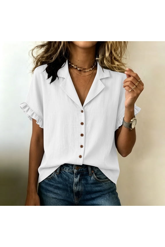 Short Sleeve Shirts for Women Solid Color Notch Collar Shirts with Ruffle Cuffs Lightweight Casual Tops for Spring Summer Daily Wear