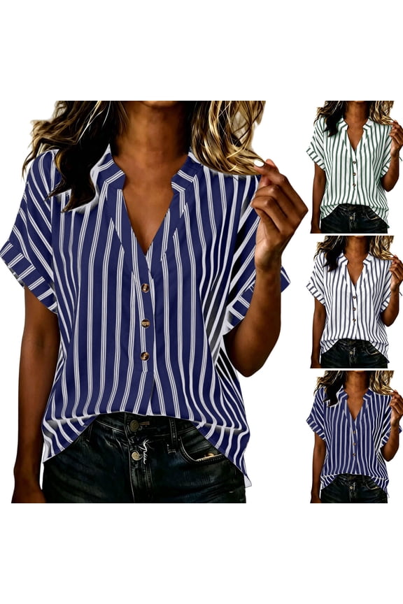 Short Sleeve Tops for Women Plus Size Loose Fit Vertical Stripes V Neck Casual Blouse Half Placket Button Roll Cuff Drop Shoulder for Spring Summer Daily Office Beach Shopping Outdoor