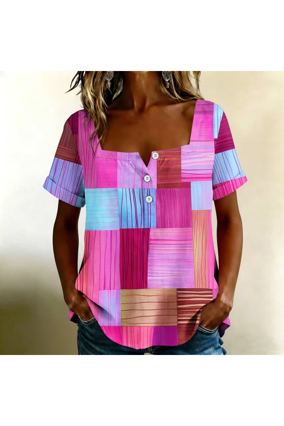 Short Sleeve Tops for Women Casual Color Block Print Square Neck Button Cotton Blouses for Summer Everyday Wear