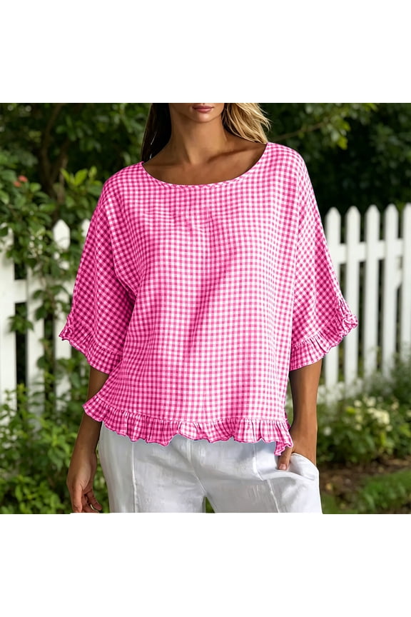 Short Sleeve Tops for Women Gingham Print Ruffle Hem Loose Fit Casual Shirts for Everyday Wear