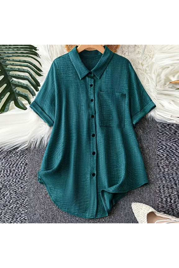 Short Sleeve Tops for Women Plus Size Loose Fit Solid Color Collared Button Down Tees
