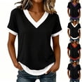 thumbnail image 1 of Craaazy Short Sleeve Tops for Women Plus Size Relaxed Color Block V Neck Short Sleeve T-Shirt Curved Hem for Daily Casual Outings, 1 of 10