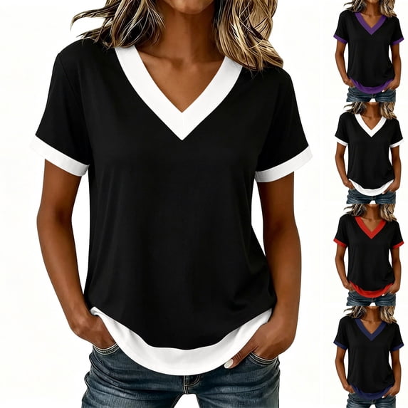 Craaazy Short Sleeve Tops for Women Plus Size Relaxed Color Block V Neck Short Sleeve T-Shirt Curved Hem for Daily Casual Outings