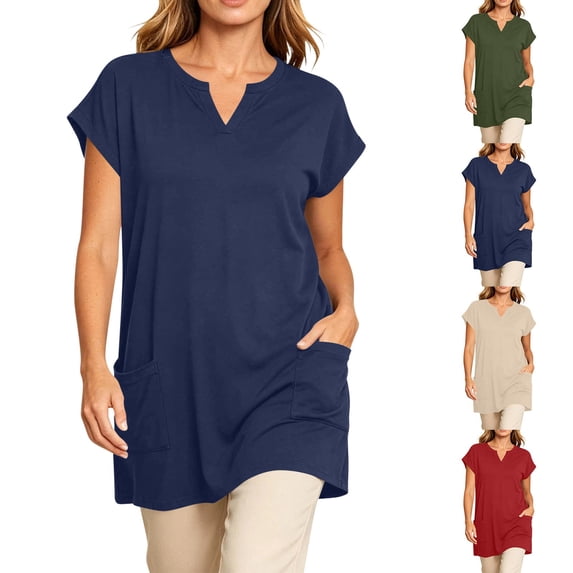 Craaazy Short Sleeve Tops for Women Plus Size Relaxed Solid Color V Neck Extra Long T-Shirt with Side Pockets for Casual Outings