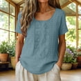 thumbnail image 1 of Craaazy Short Sleeve Tops for Women Plus Size Solid Color Crew Neck Cotton Linen Blouses with Front Embroidery for Spring Summer, 1 of 7