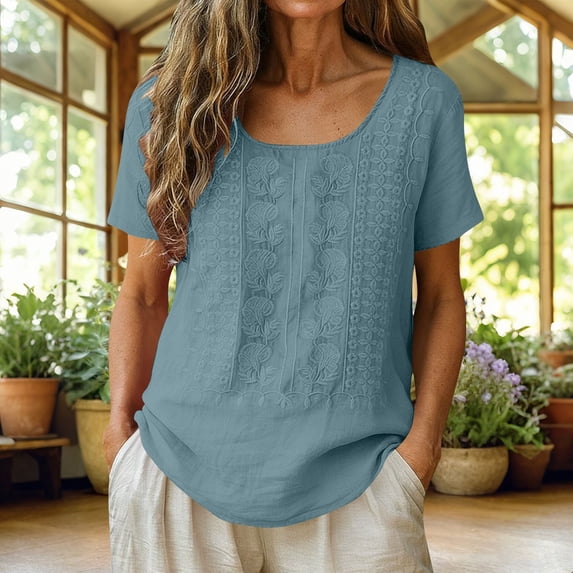 Craaazy Short Sleeve Tops for Women Plus Size Solid Color Crew Neck Cotton Linen Blouses with Front Embroidery for Spring Summer